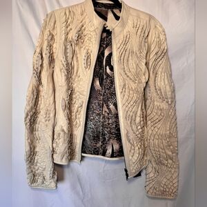 Elegant Cream Pearl Embellished Leather Jacket
